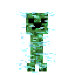 A pixel art drawing of a Minecraft creeper surrounded by glowing blue particles that show it is charged with lightning.